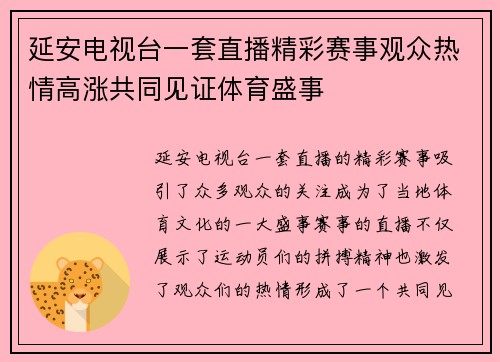 延安电视台一套直播精彩赛事观众热情高涨共同见证体育盛事