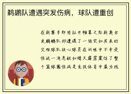鹈鹕队遭遇突发伤病，球队遭重创