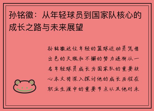 孙铭徽：从年轻球员到国家队核心的成长之路与未来展望